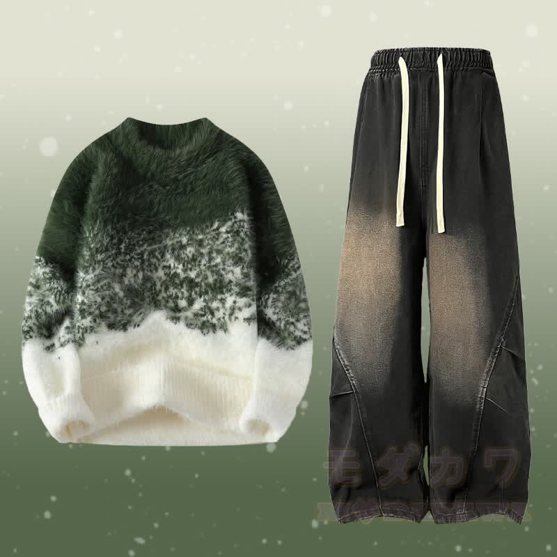 Zweiteiler: Farbverlauf-Strickpullover mit flauschigem Unterrock und Jeans - Satz A - 2XL - image 1