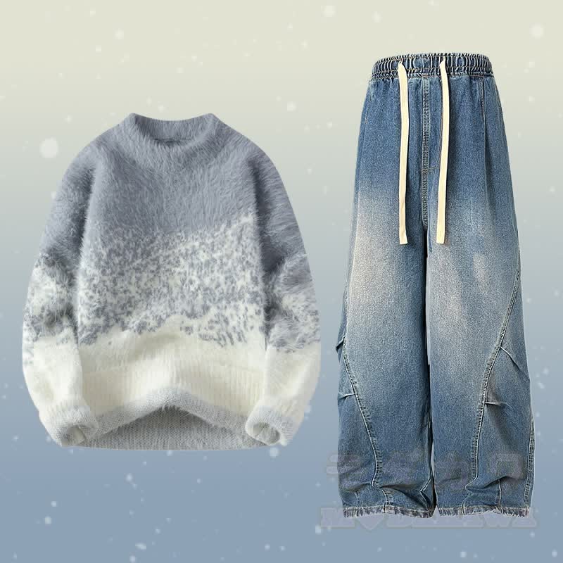 Zweiteiler: Farbverlauf-Strickpullover mit flauschigem Unterrock und Jeans - Satz D - 2XL - image 4