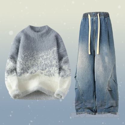 Zweiteiler: Farbverlauf-Strickpullover mit flauschigem Unterrock und Jeans - Satz D - 2XL - image 4