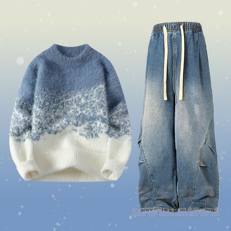 Zweiteiler: Farbverlauf-Strickpullover mit flauschigem Unterrock und Jeans - Satz C - 2XL - image 3