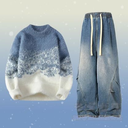 Zweiteiler: Farbverlauf-Strickpullover mit flauschigem Unterrock und Jeans - Satz C - 2XL - image 3
