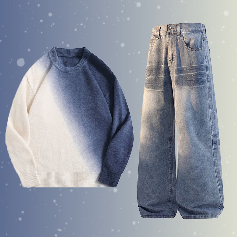 Zweiteiler: Strickpullover mit Farbverlauf und Jeans - Set A - 2XL - image 1