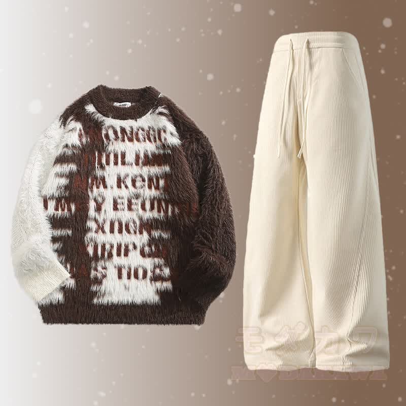 Zweiteiler: Pullover mit Buchstabenmuster, flauschiger Farben , Cordhose - Satz B - 2XL - image 2