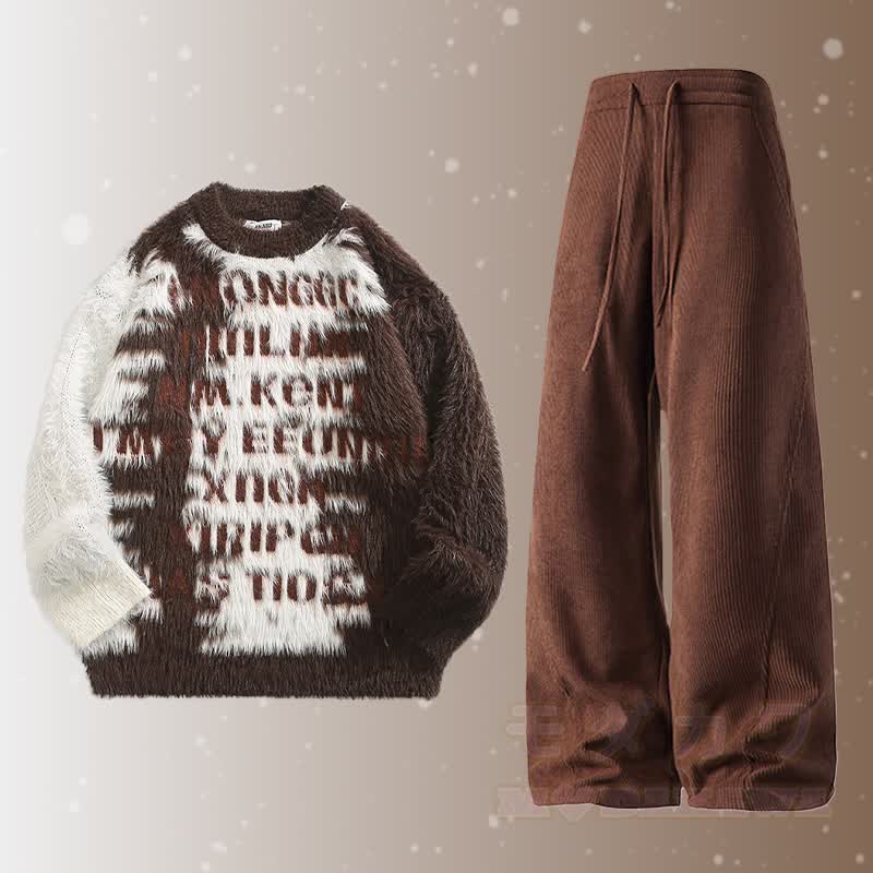 Zweiteiler: Pullover mit Buchstabenmuster, flauschiger Farben , Cordhose - Satz A - 2XL - image 1
