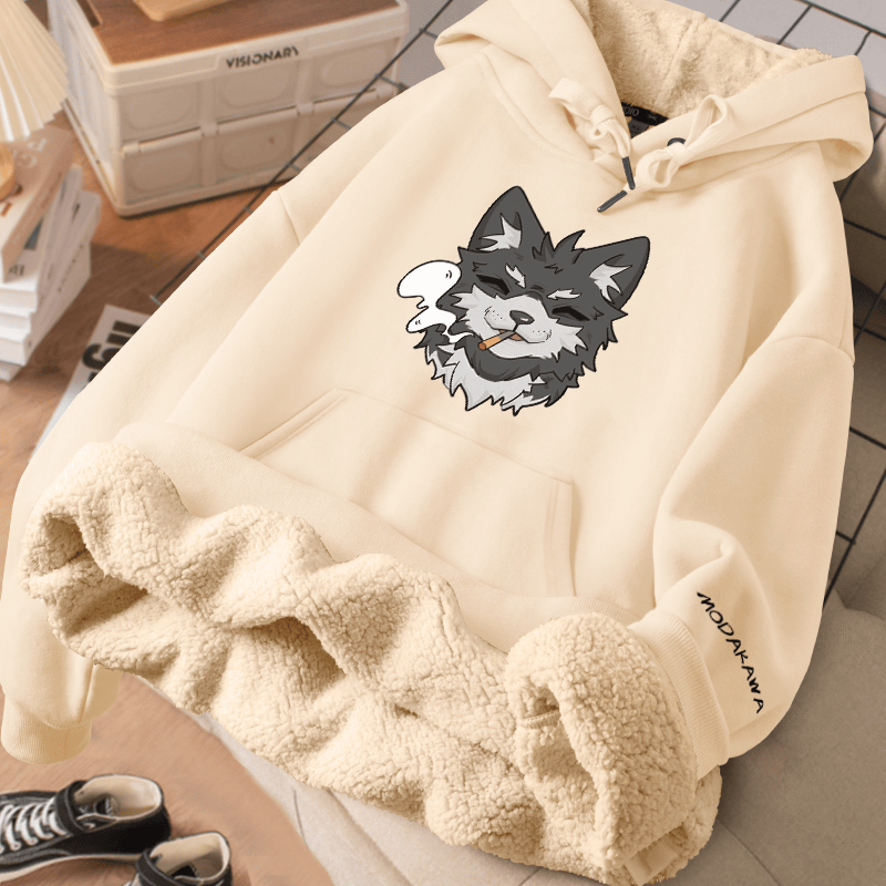 MODAKAWA Winterhoodie mit Raucherwelpen-Motiv, dick gefüttert mit Fleece - Beige - 2XL - image 2
