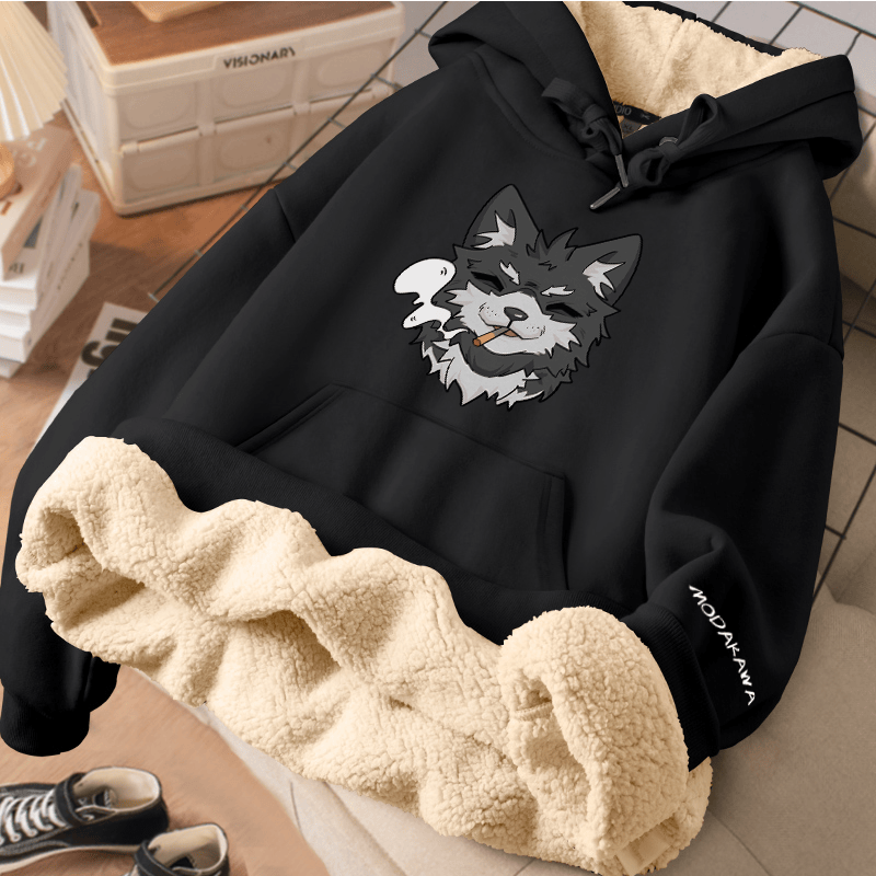 MODAKAWA Winterhoodie mit Raucherwelpen-Motiv, dick gefüttert mit Fleece - Black - 2XL - image 1