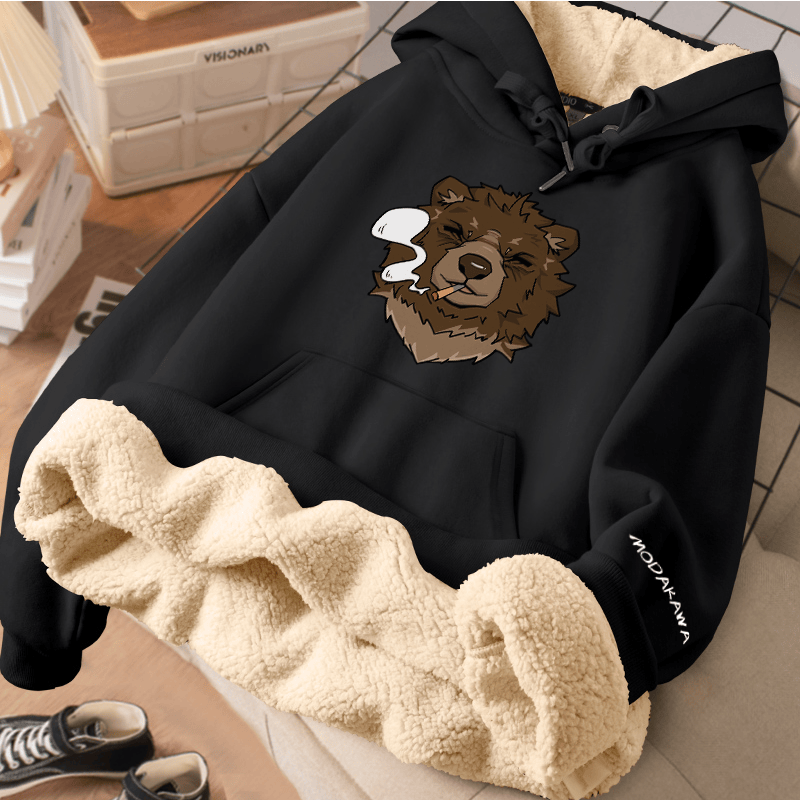 MODAKAWA Winterhoodie mit Raucherbär-Motiv, dick gefüttert mit Fleece - Black - 2XL - image 2