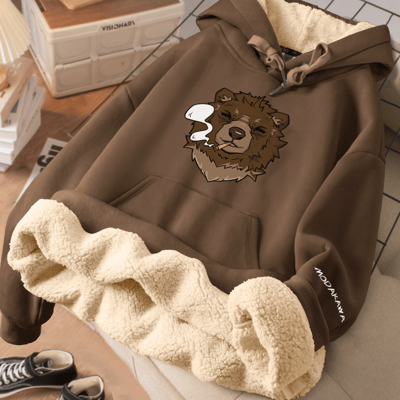 MODAKAWA Winterhoodie mit Raucherbär-Motiv, dick gefüttert mit Fleece - Brown - 2XL - image 1
