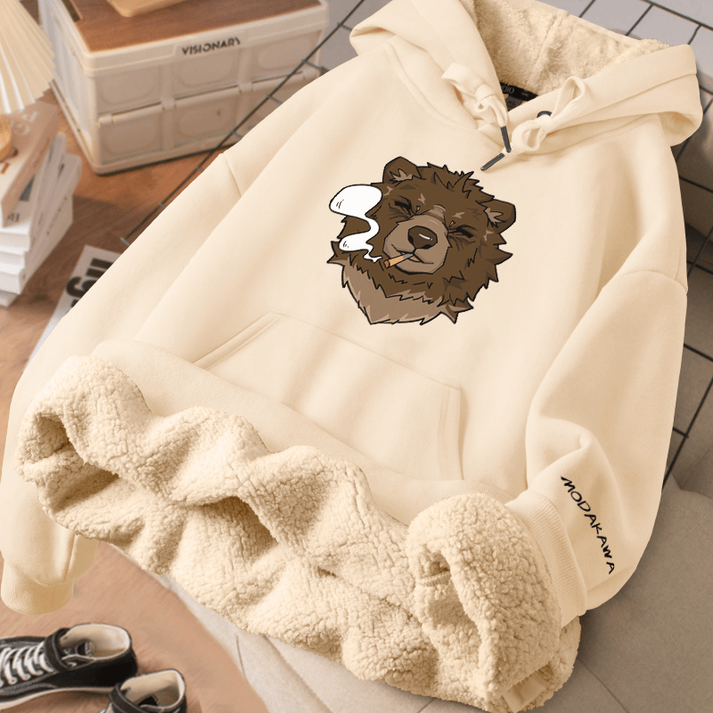 MODAKAWA Winterhoodie mit Raucherbär-Motiv, dick gefüttert mit Fleece - Beige - 2XL - image 3