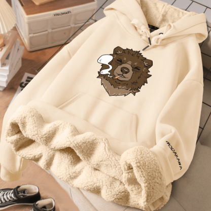 MODAKAWA Winterhoodie mit Raucherbär-Motiv, dick gefüttert mit Fleece - Beige - 2XL - image 3