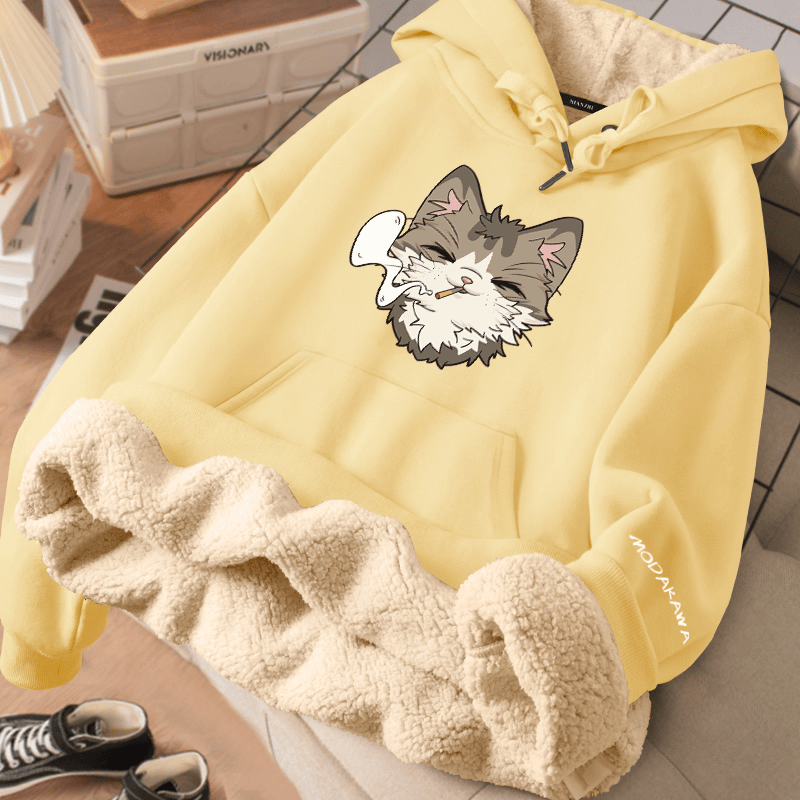 MODAKAWA Winterhoodie mit Raucherkatzen-Motiv, dick gefüttert mit Fleece - Yellow - 2XL - image 2