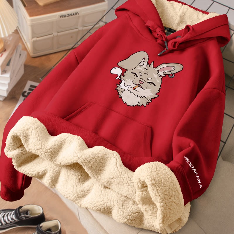 MODAKAWA Winterhoodie mit Raucherhasen-Motiv, dick gefüttert mit Fleece - Red - 2XL - image 1