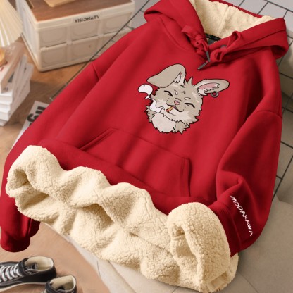 MODAKAWA Winterhoodie mit Raucherhasen-Motiv, dick gefüttert mit Fleece - Red - 2XL - image 1