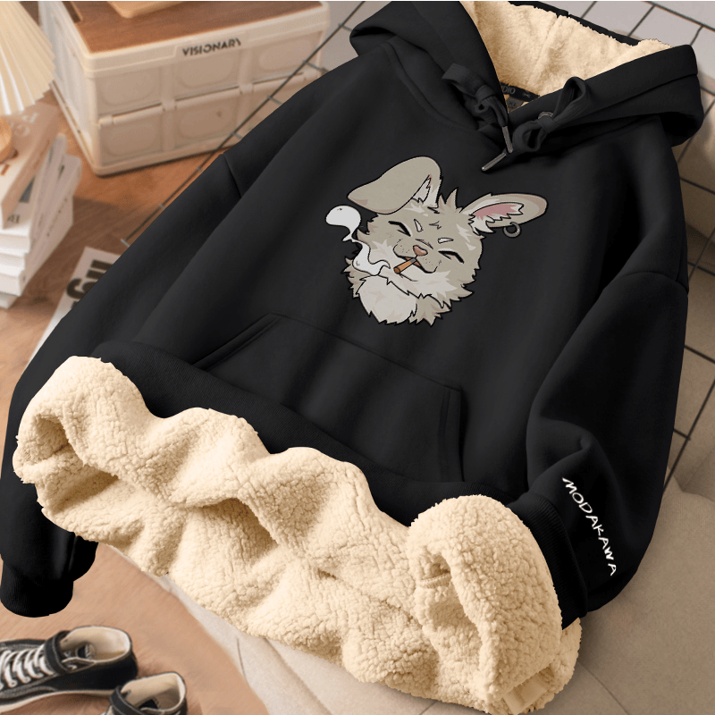 MODAKAWA Winterhoodie mit Raucherhasen-Motiv, dick gefüttert mit Fleece - Black - 2XL - image 3
