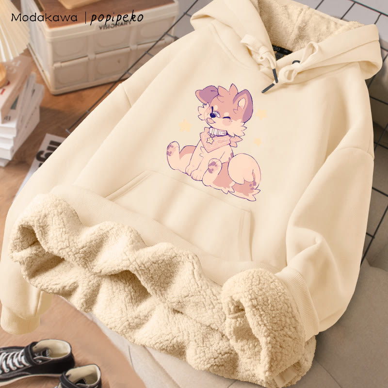 MODAKAWA X popipeko Winterhoodie mit Zunge-raus-Welpenmotiv, dick gefüttert mit Fleece - Apricot - 2XL - image 2