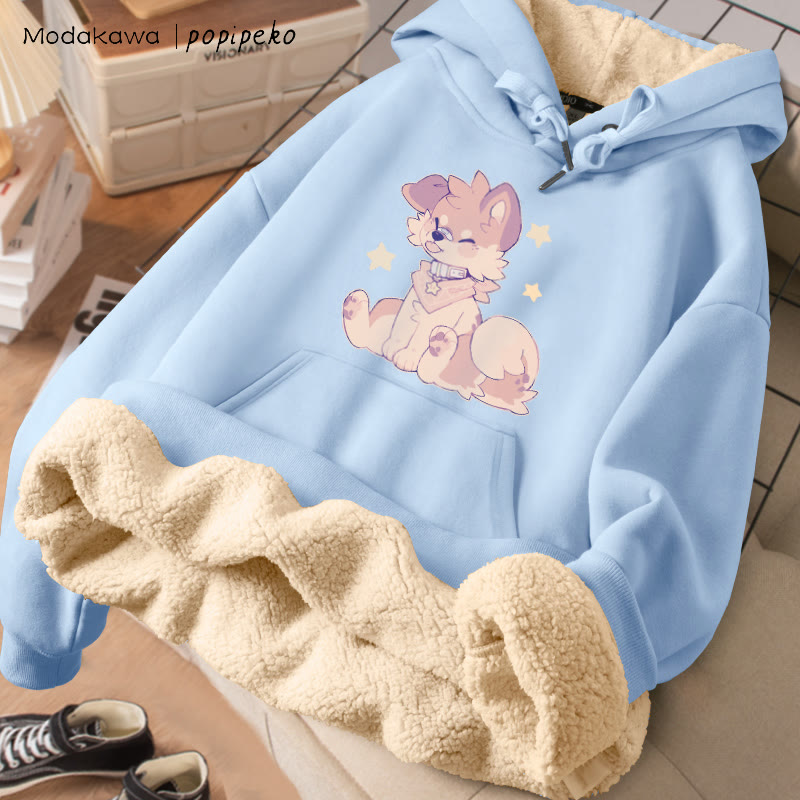 MODAKAWA X popipeko Winterhoodie mit Zunge-raus-Welpenmotiv, dick gefüttert mit Fleece - Blue - 2XL - image 1