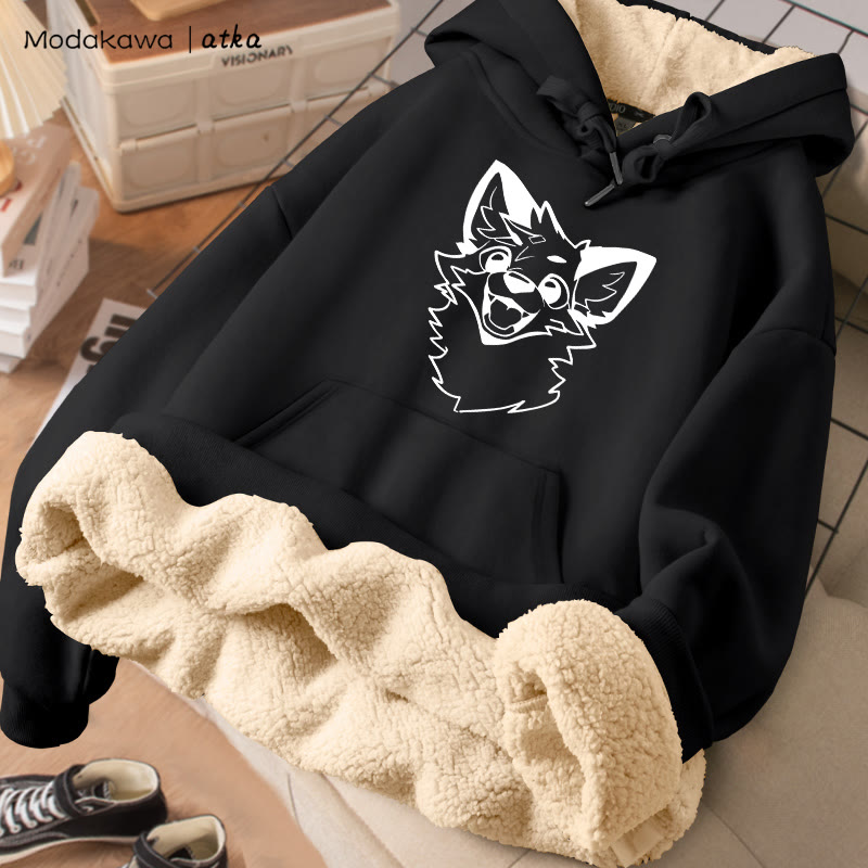 MODAKAWA X atka Winterhoodie mit verspieltem Fuchsmotiv, dick gefüttert mit Fleece - Black - 2XL - image 1