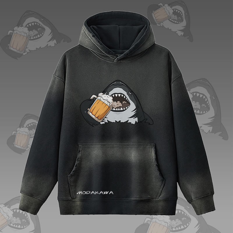 MODAKAWA Hoodie mit Hai-Bier-Motiv, Vintage-Waschung, Fleece-Futter - Black - 2XL - image 4