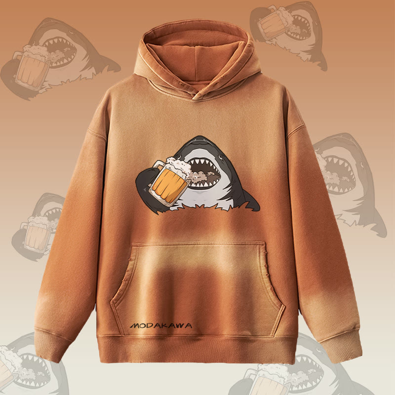 MODAKAWA Hoodie mit Hai-Bier-Motiv, Vintage-Waschung, Fleece-Futter - Brown - 2XL - image 1