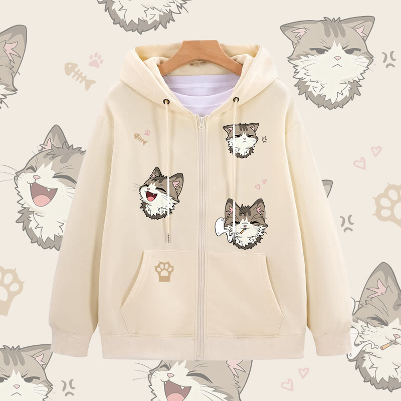 MODAKAWA Kapuzenpullover mit fröhlichem Katzenmotiv und Reißverschluss - Apricot - 5XL - image 1