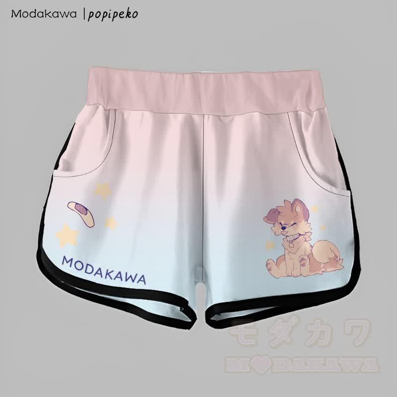 MODAKAWA X popipeko Gradient Tongue-out Puppy Graphic Shorts - Rosa & Blau - 5XL - image 1