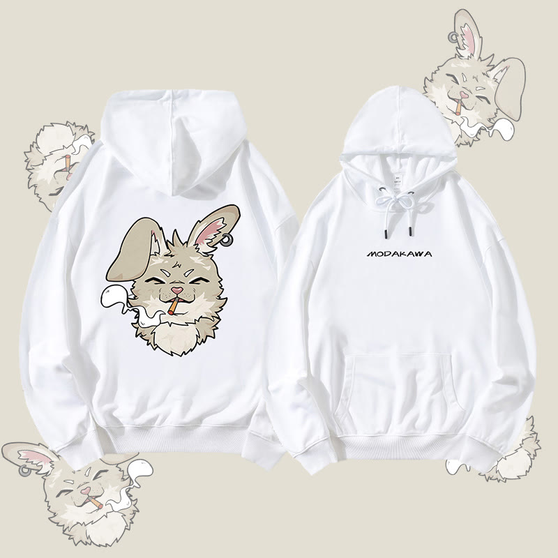 MODAKAWA Smoking Bunny Grafik Streetwear Pullover Hoodie - White - 5XL - image 4
