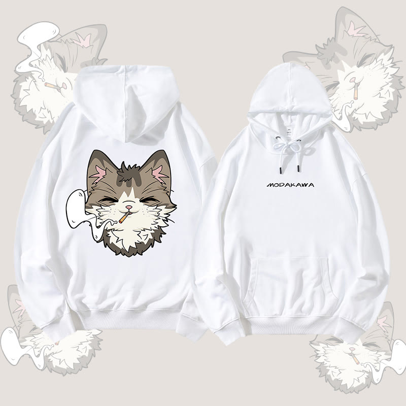 MODAKAWA Smoking Cat Grafik Streetwear Pullover Hoodie - White - 5XL - image 3