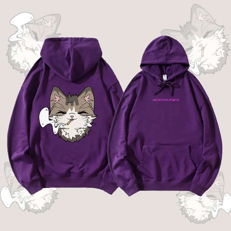 MODAKAWA Smoking Cat Grafik Streetwear Pullover Hoodie - Dark Purple - 5XL - image 2
