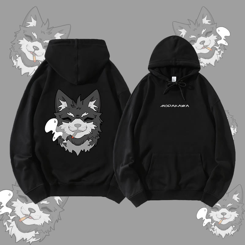 MODAKAWA Smoking Puppy Grafik Streetwear Pullover Hoodie - Black - 5XL - image 2