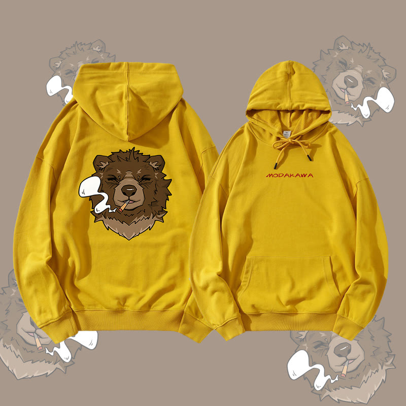 MODAKAWA Smoking Bear Grafik Streetwear Pullover Hoodie - Yellow - 5XL - image 3