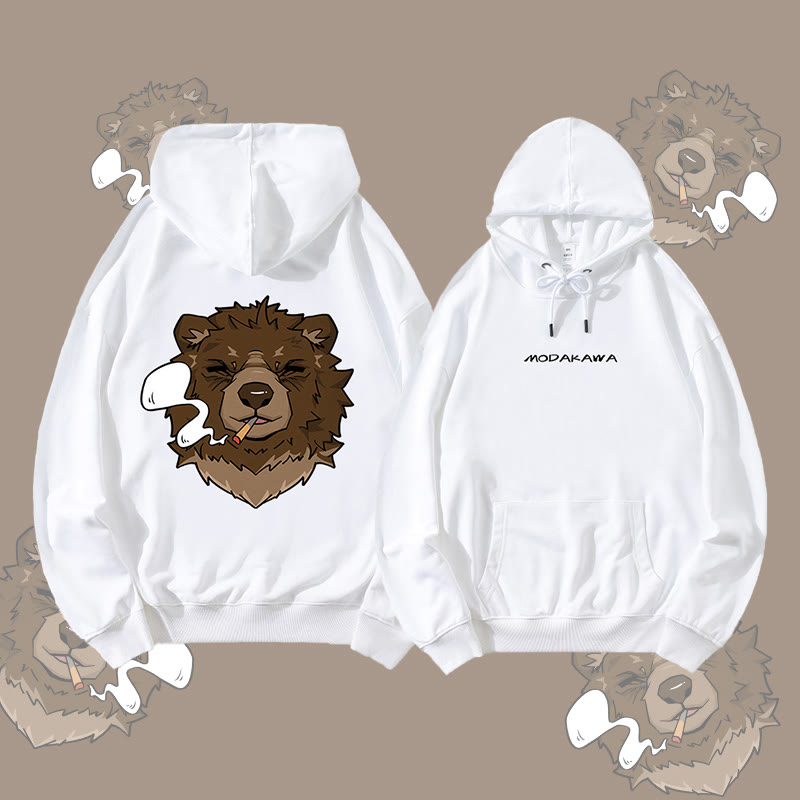 MODAKAWA Smoking Bear Grafik Streetwear Pullover Hoodie - White - 5XL - image 2