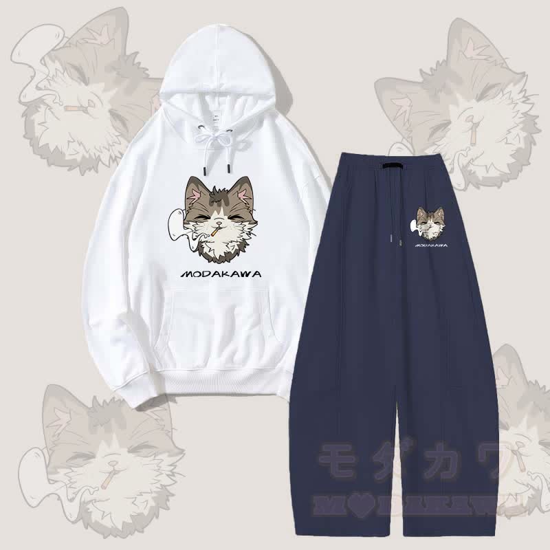 MODAKAWA Smoking Cat Grafik-Hoodie, weite Hose, zweiteiliges Set - Weiß & Lila Blau - 5XL - image 5