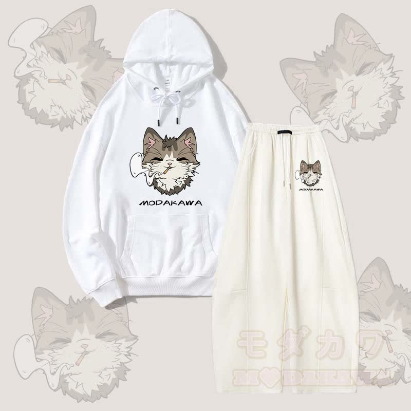 MODAKAWA Smoking Cat Grafik-Hoodie, weite Hose, zweiteiliges Set - Weiß - 5XL - image 3