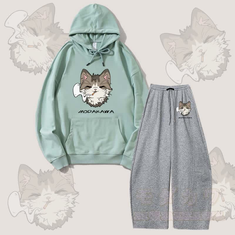 MODAKAWA Smoking Cat Grafik-Hoodie, weite Hose, zweiteiliges Set - Grün & Dunkelgrau - 5XL - image 2