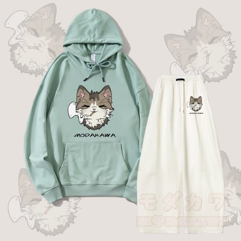 MODAKAWA Smoking Cat Grafik-Hoodie, weite Hose, zweiteiliges Set - Grün & Weiß - 5XL - image 1