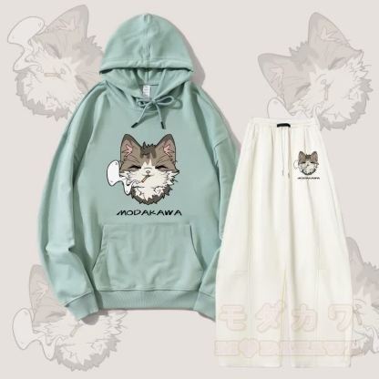 MODAKAWA Smoking Cat Grafik-Hoodie, weite Hose, zweiteiliges Set - Grün & Weiß - 5XL - image 1