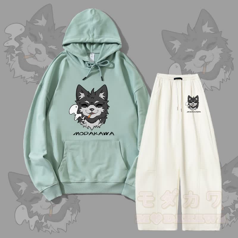 MODAKAWA Smoking Puppy Grafik-Hoodie, weite Hose, zweiteiliges Set - Grün & Weiß - 5XL - image 2