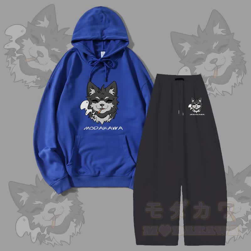 MODAKAWA Smoking Puppy Grafik-Hoodie, weite Hose, zweiteiliges Set - Königsblau & Schwarz - 5XL - image 1