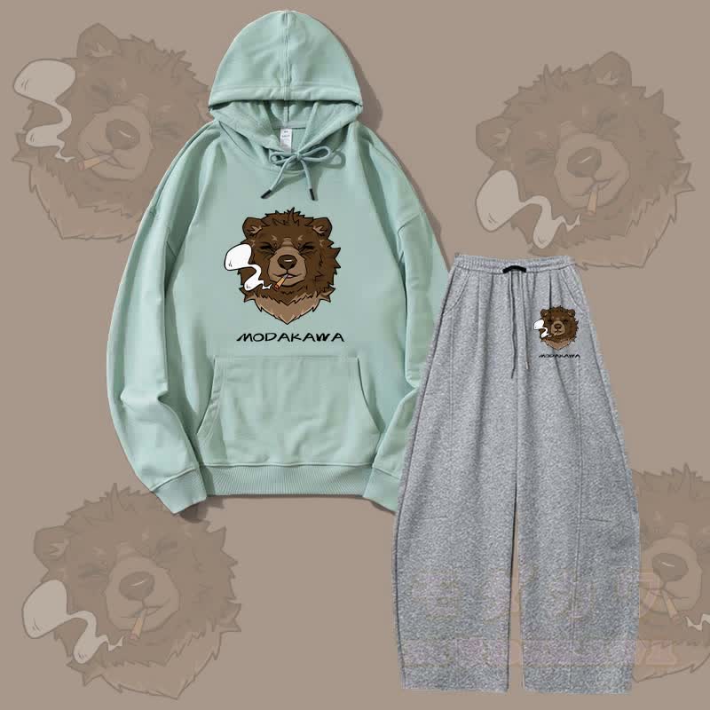 MODAKAWA Smoking Bear Grafik-Hoodie, weite Hose, zweiteiliges Set - Grün & Dunkelgrau - 5XL - image 3