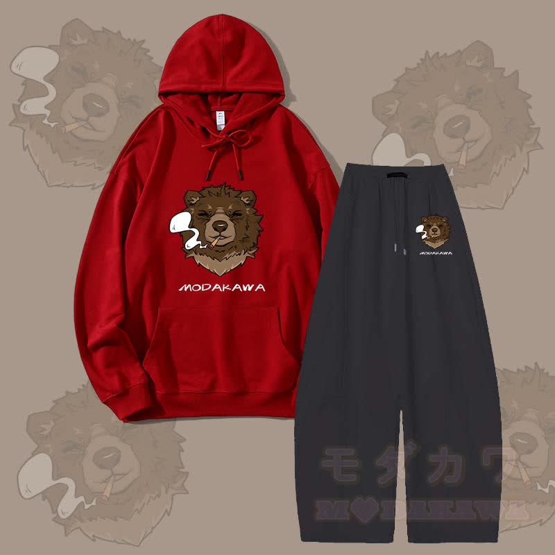 MODAKAWA Smoking Bear Grafik-Hoodie, weite Hose, zweiteiliges Set - Rot & Schwarz - 5XL - image 1