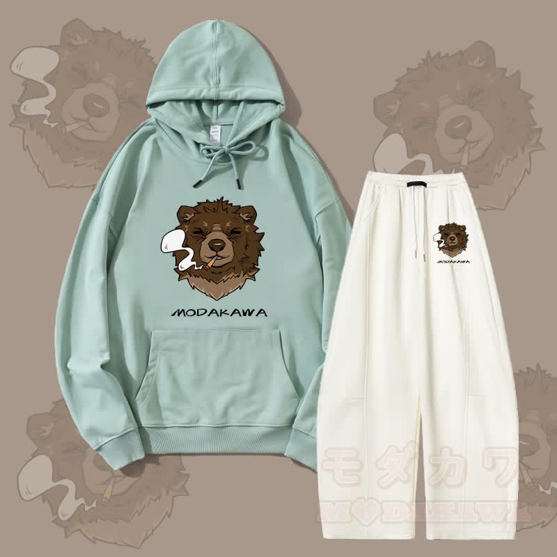 MODAKAWA Smoking Bear Grafik-Hoodie, weite Hose, zweiteiliges Set - Grün & Weiß - 5XL - image 2