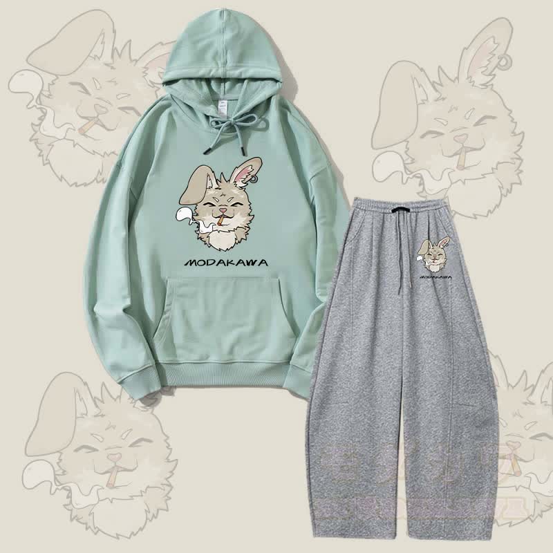 MODAKAWA Smoking Bunny Grafik-Hoodie und weite Hose Zweiteiliges Set - Grün & Dunkelgrau - 5XL - image 3
