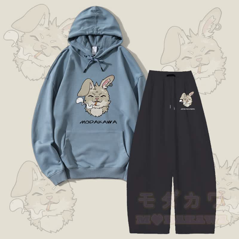 MODAKAWA Smoking Bunny Grafik-Hoodie und weite Hose Zweiteiliges Set - Blau & Schwarz - 5XL - image 1