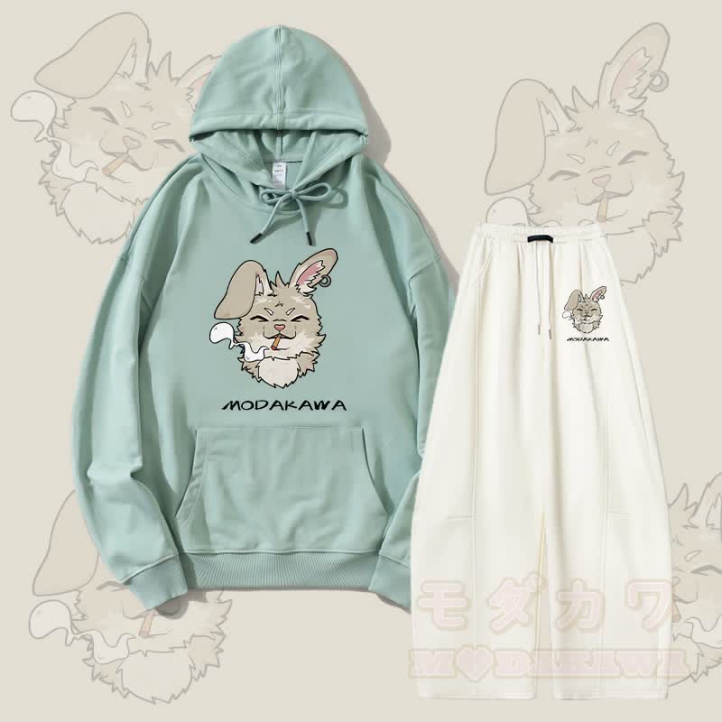 MODAKAWA Smoking Bunny Grafik-Hoodie und weite Hose Zweiteiliges Set - Grün & Weiß - 5XL - image 2
