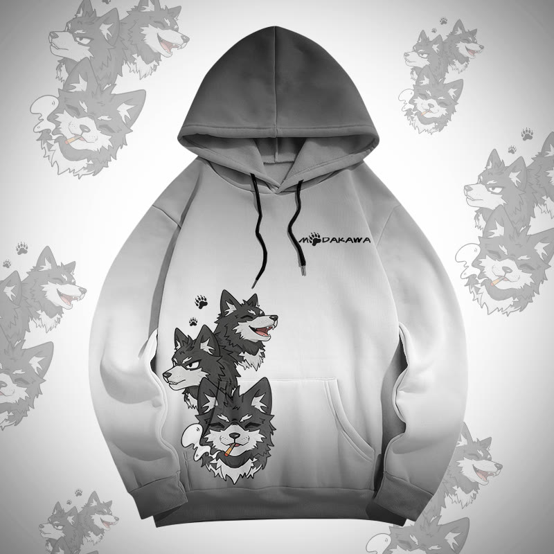 MODAKAWA Farbverlauf-Pullover-Hoodie mit fröhlichem Welpenmotiv - Grey - 5XL - image 1