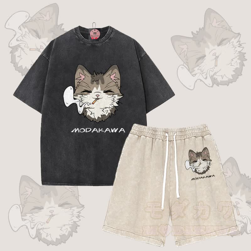 MODAKAWA Smoking Cat Grafik Vintage Washed T-Shirt Shorts Zweiteiliges Set - Schwarz & Aprikose - 3XL - image 2