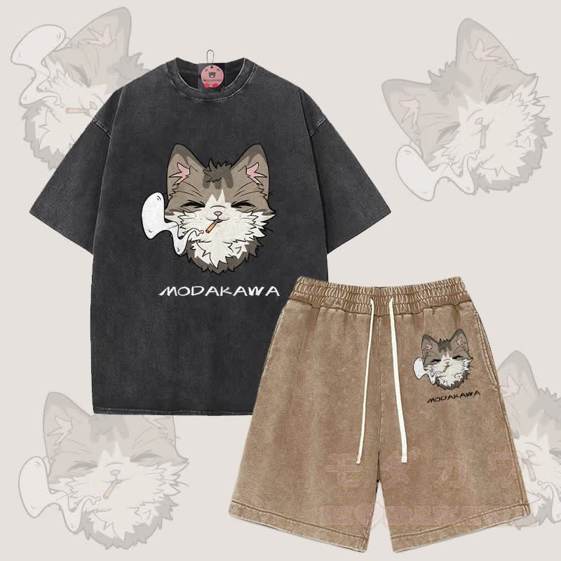 MODAKAWA Smoking Cat Grafik Vintage Washed T-Shirt Shorts Zweiteiliges Set - Schwarz & Braun - 3XL - image 1