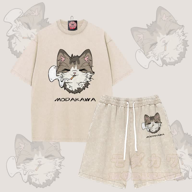 MODAKAWA Smoking Cat Grafik Vintage Washed T-Shirt Shorts Zweiteiliges Set - Aprikose - 3XL - image 9