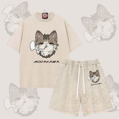 MODAKAWA Smoking Cat Grafik Vintage Washed T-Shirt Shorts Zweiteiliges Set - Aprikose - 3XL - image 9