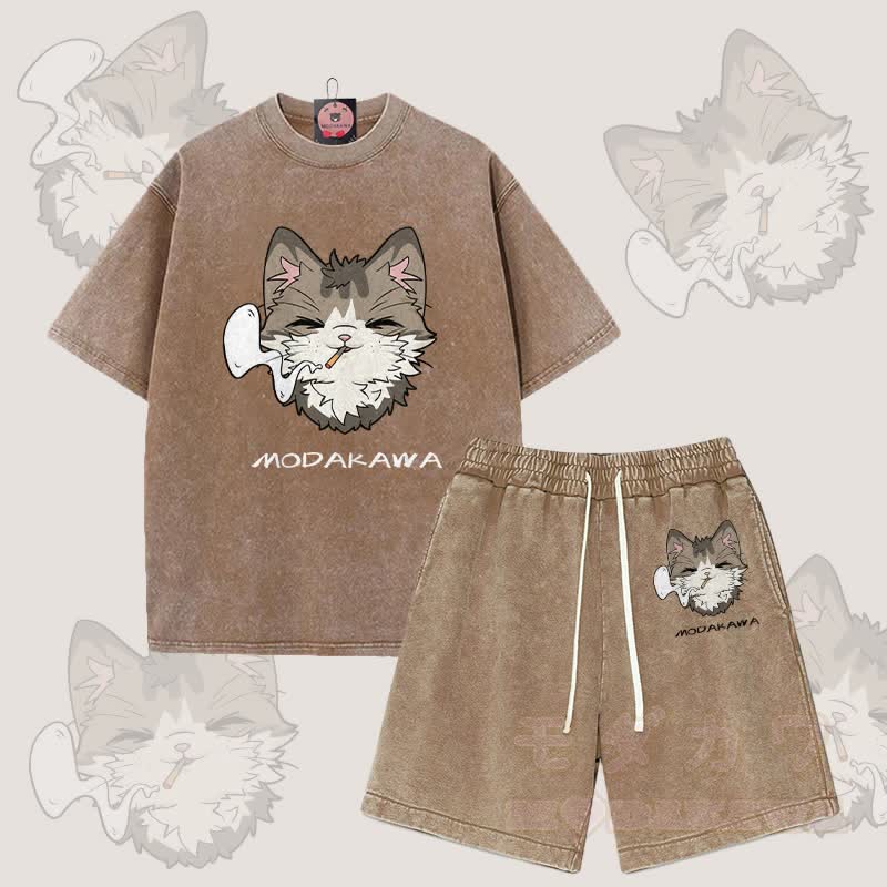 MODAKAWA Smoking Cat Grafik Vintage Washed T-Shirt Shorts Zweiteiliges Set - Braun - 3XL - image 6
